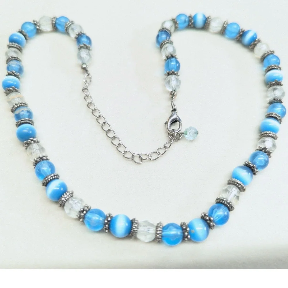 Vintage Beaded Necklace Blue Cats Eye‎ Glass Silver Tone Boho Strand Clear Beads